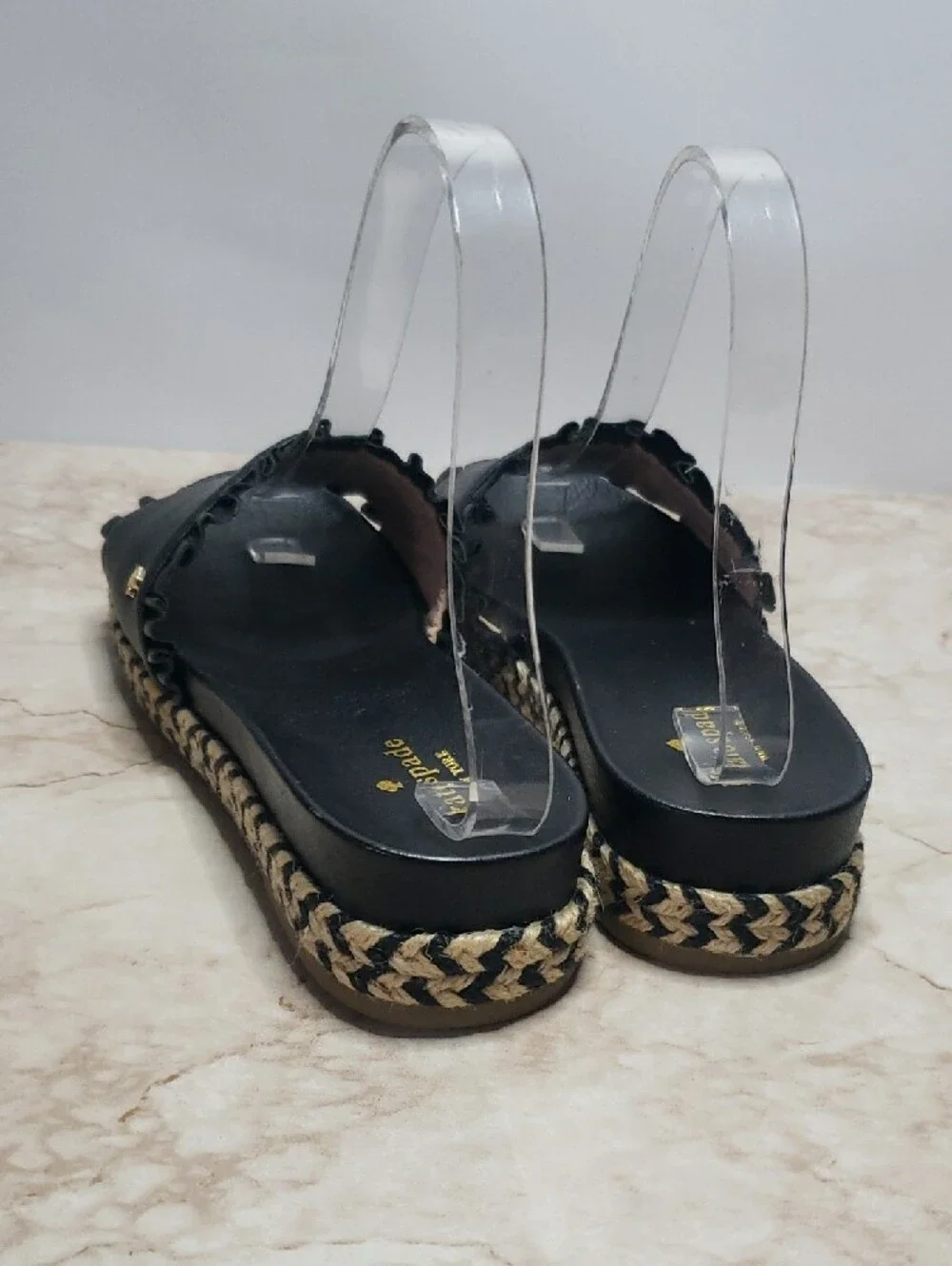 kate spade Black Leather Ruffle Espadrille Slide Sandals with Braided Sole 7.5